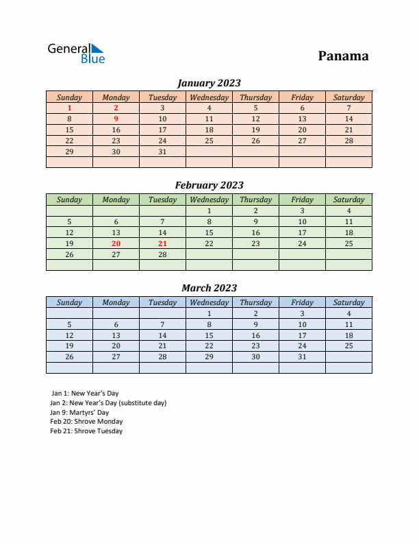 Q1 2023 Holiday Calendar - Panama