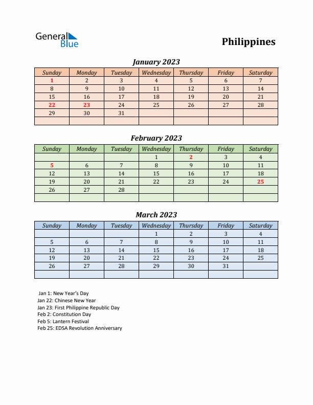 Q1 2023 Holiday Calendar - Philippines