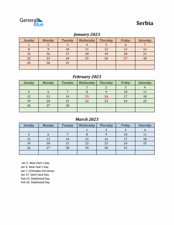 Q1 2023 Holiday Calendar - Serbia