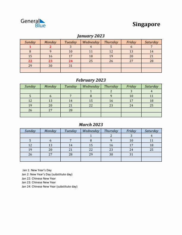 Q1 2023 Holiday Calendar - Singapore