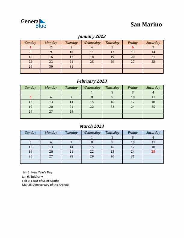 Q1 2023 Holiday Calendar - San Marino