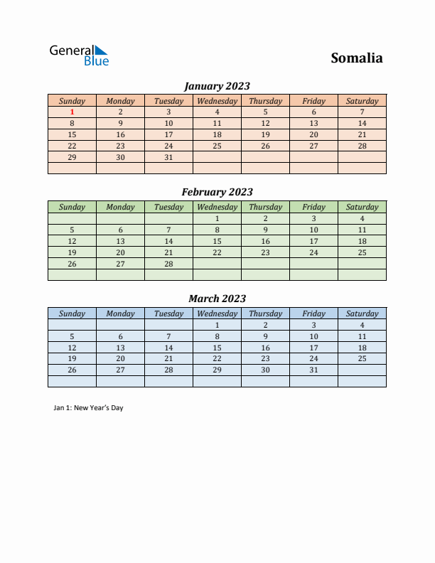 Q1 2023 Holiday Calendar - Somalia