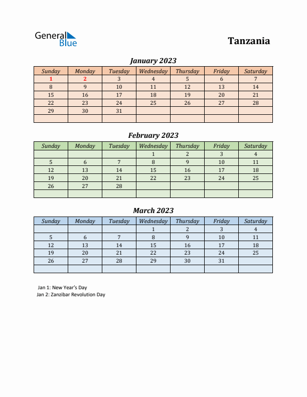 Q1 2023 Holiday Calendar - Tanzania