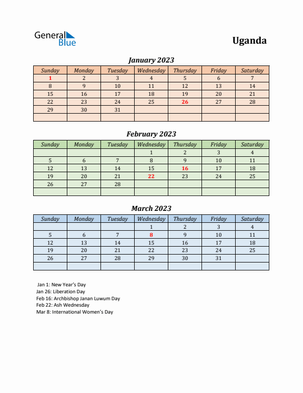 Q1 2023 Holiday Calendar - Uganda