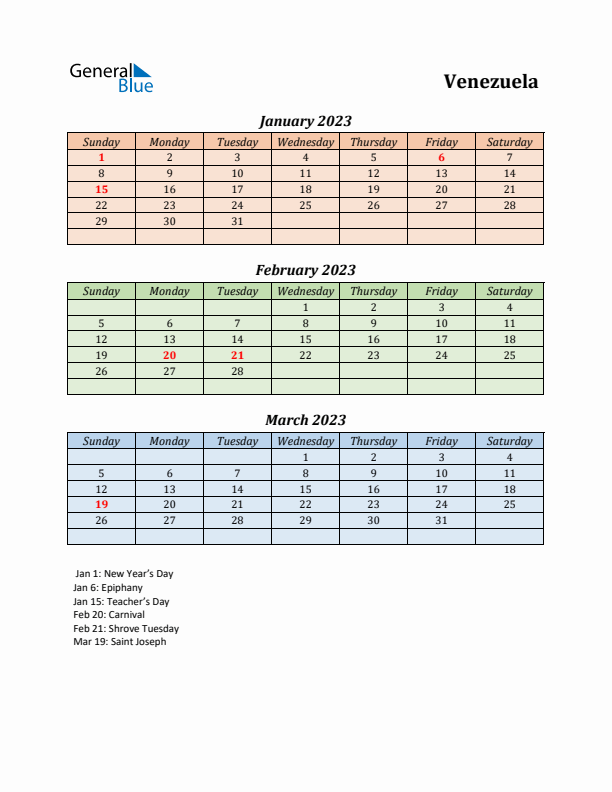 Q1 2023 Holiday Calendar - Venezuela