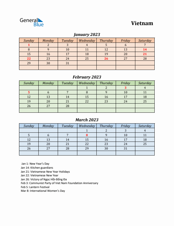 Q1 2023 Holiday Calendar - Vietnam