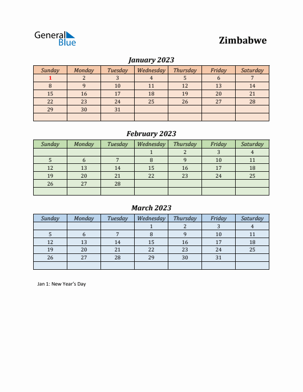 Q1 2023 Holiday Calendar - Zimbabwe