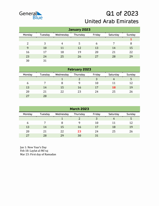 Quarterly Calendar 2023 with United Arab Emirates Holidays