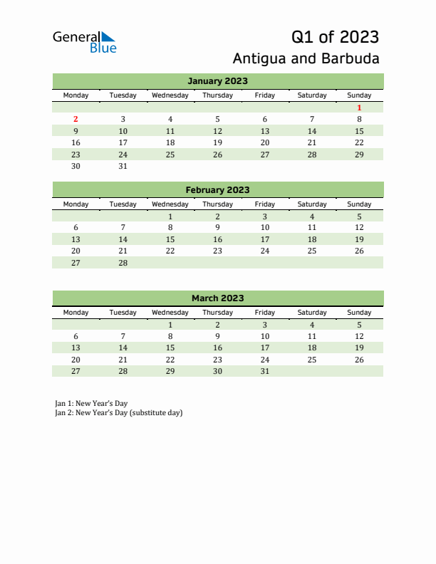 Quarterly Calendar 2023 with Antigua and Barbuda Holidays