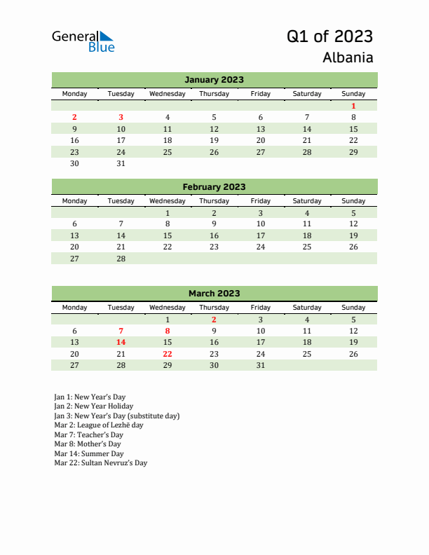 Quarterly Calendar 2023 with Albania Holidays