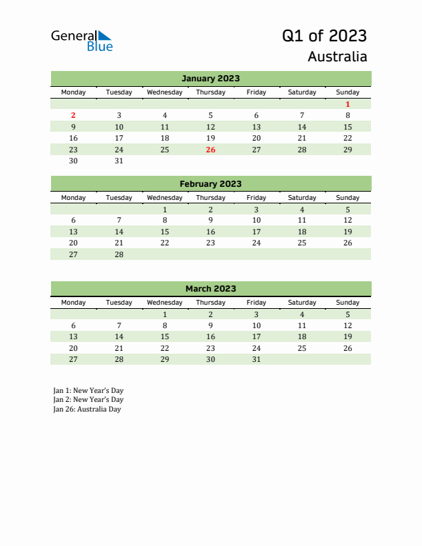 Quarterly Calendar 2023 with Australia Holidays