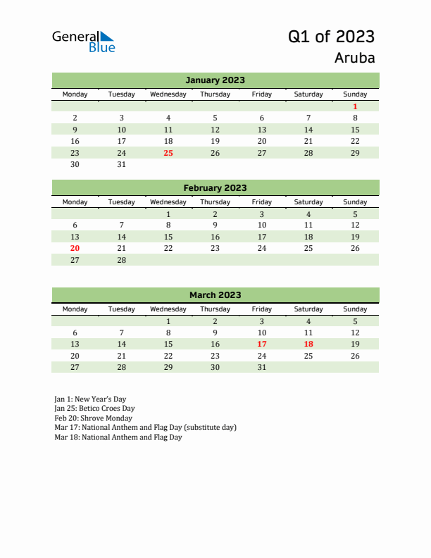 Quarterly Calendar 2023 with Aruba Holidays