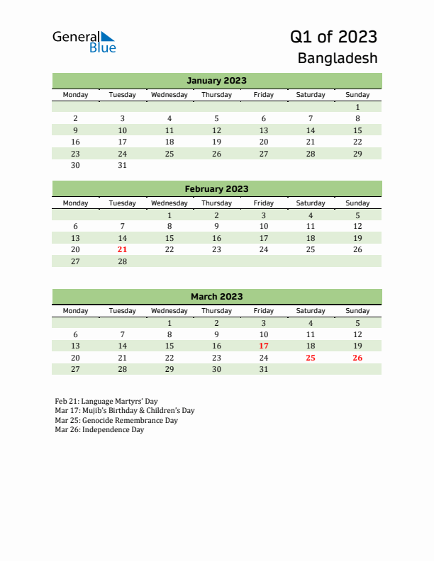 Quarterly Calendar 2023 with Bangladesh Holidays