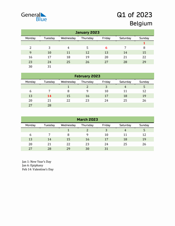 Quarterly Calendar 2023 with Belgium Holidays