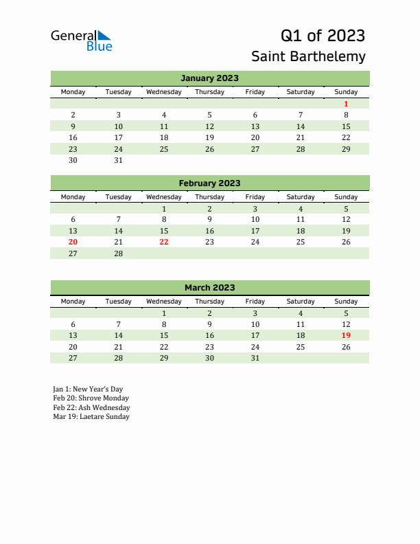 Quarterly Calendar 2023 with Saint Barthelemy Holidays