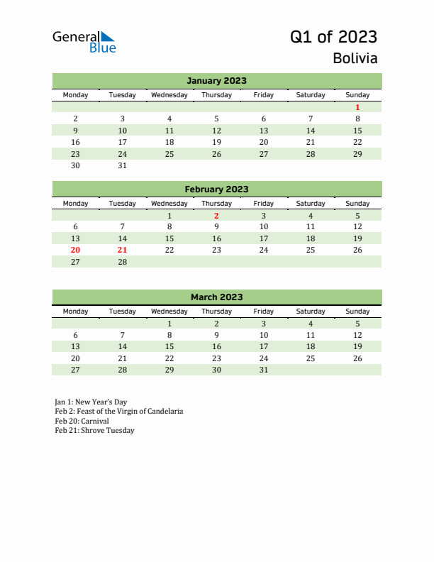 Quarterly Calendar 2023 with Bolivia Holidays