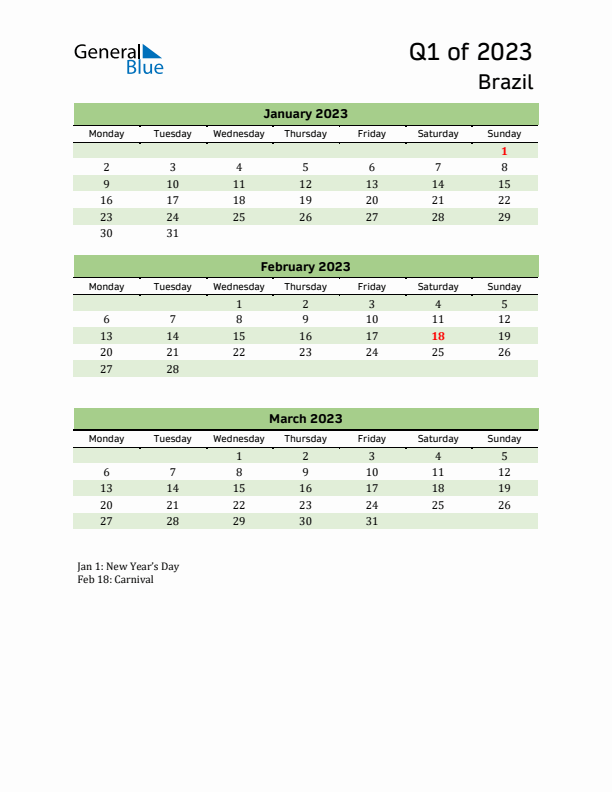 Quarterly Calendar 2023 with Brazil Holidays