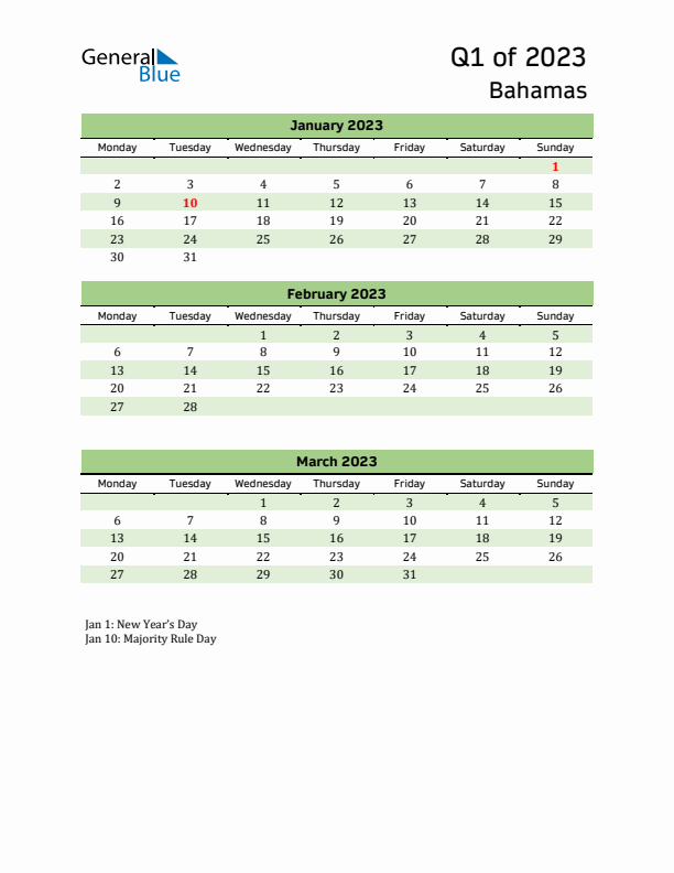 Quarterly Calendar 2023 with Bahamas Holidays