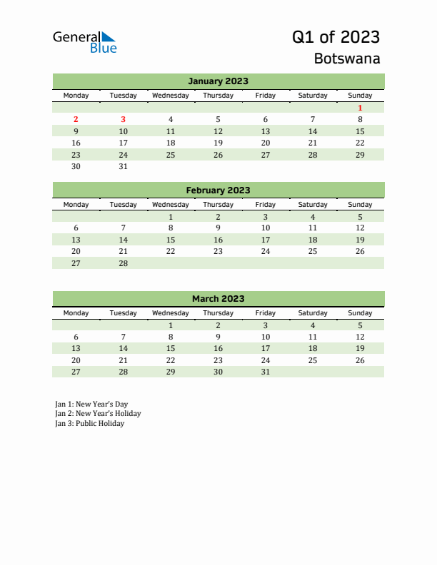 Quarterly Calendar 2023 with Botswana Holidays