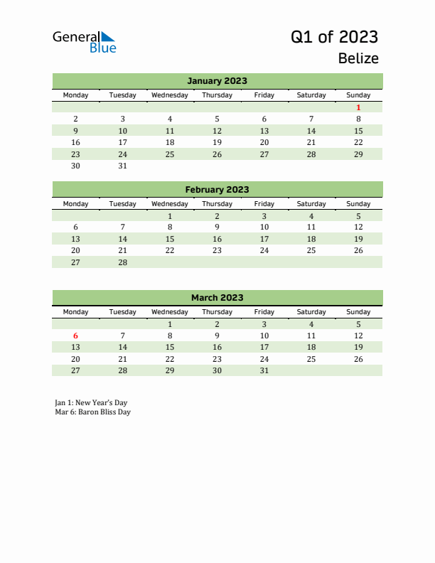 Quarterly Calendar 2023 with Belize Holidays