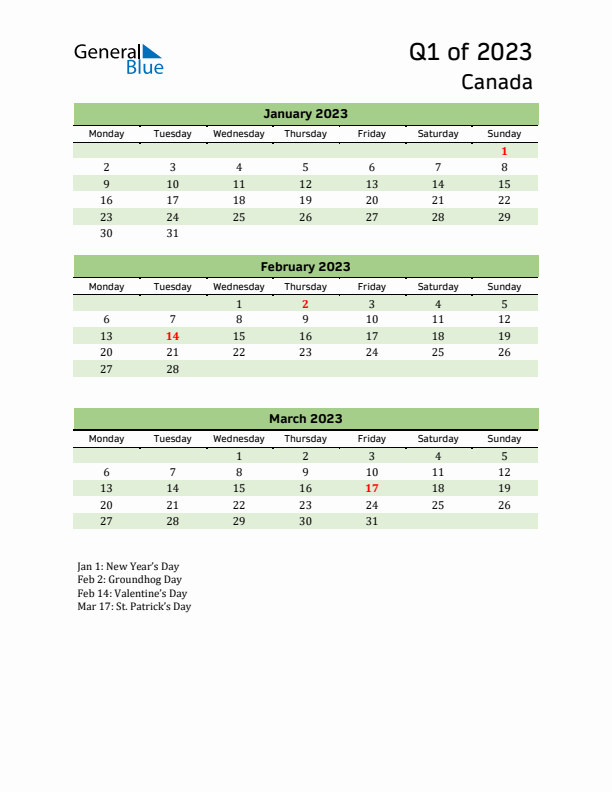 Quarterly Calendar 2023 with Canada Holidays