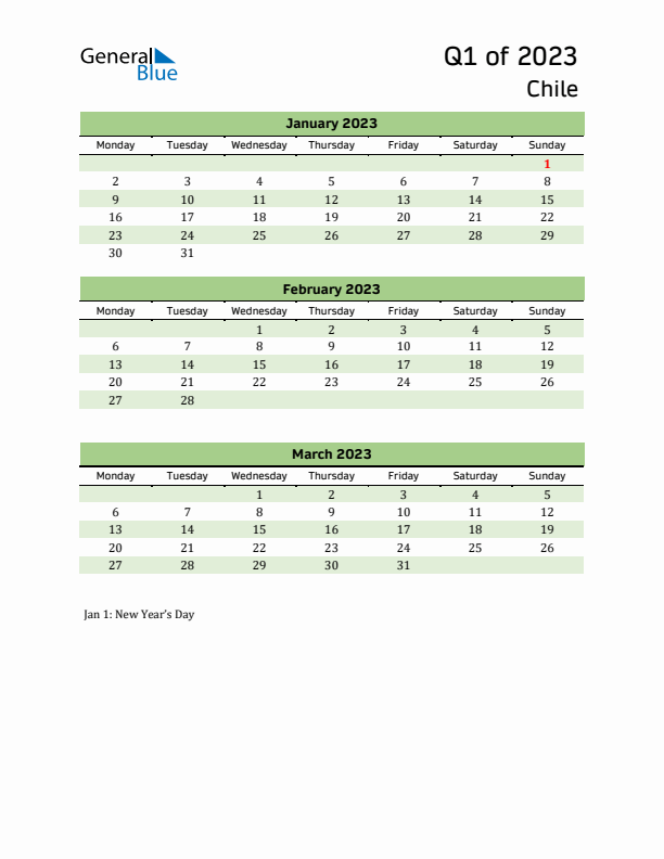 Quarterly Calendar 2023 with Chile Holidays