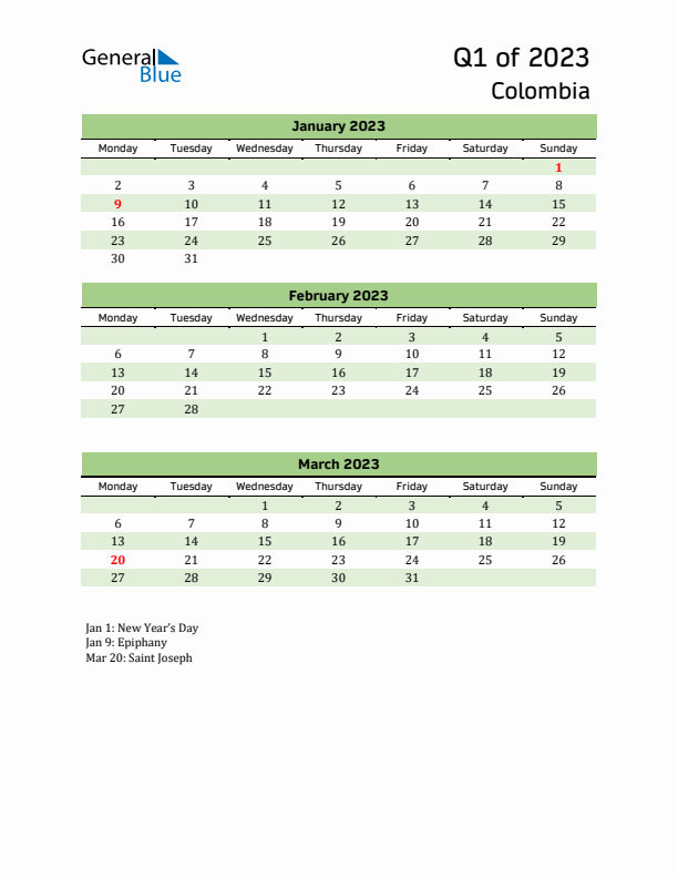 Quarterly Calendar 2023 with Colombia Holidays