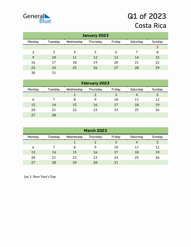 Quarterly Calendar 2023 with Costa Rica Holidays