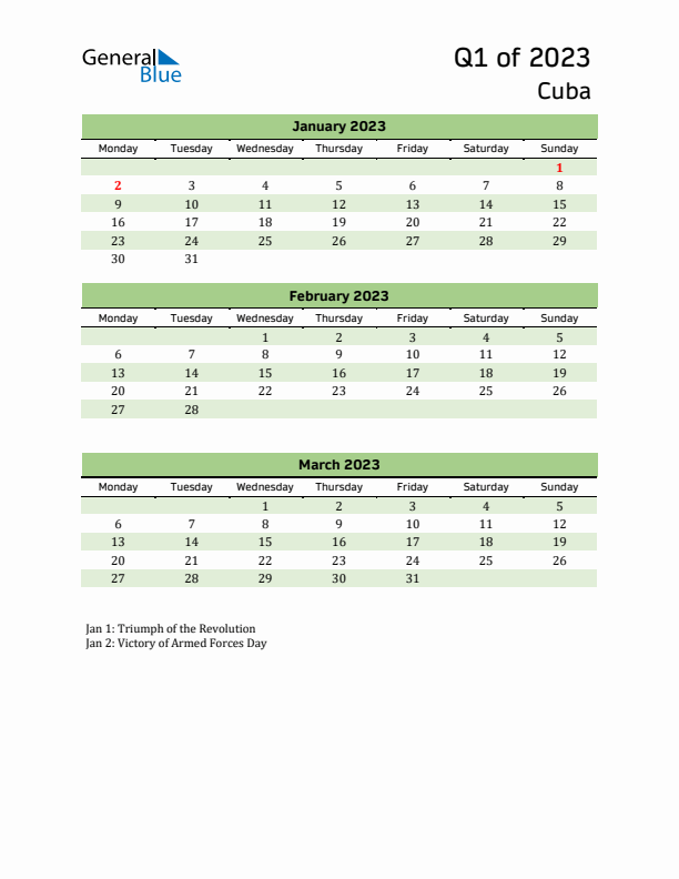 Quarterly Calendar 2023 with Cuba Holidays