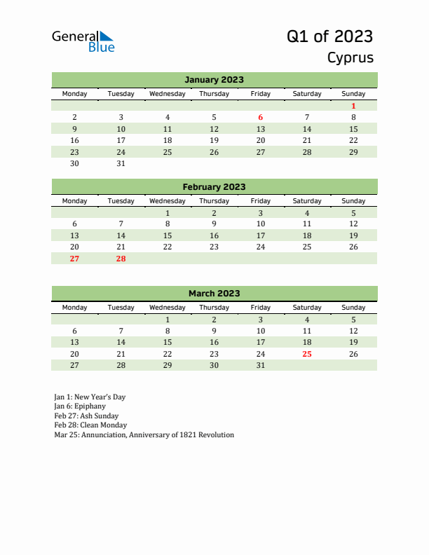 Quarterly Calendar 2023 with Cyprus Holidays