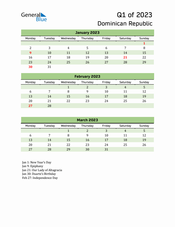 Quarterly Calendar 2023 with Dominican Republic Holidays