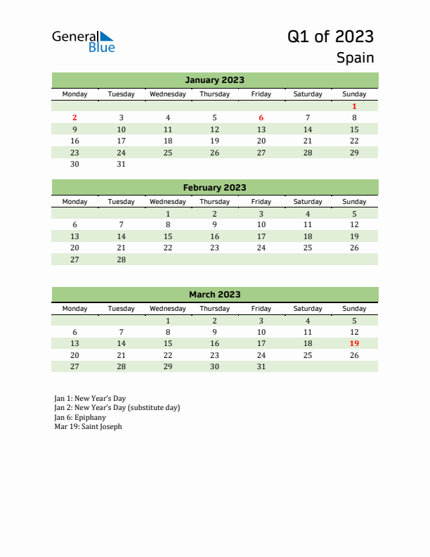 Quarterly Calendar 2023 with Spain Holidays