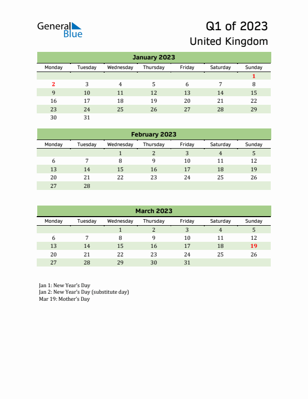 Quarterly Calendar 2023 with United Kingdom Holidays