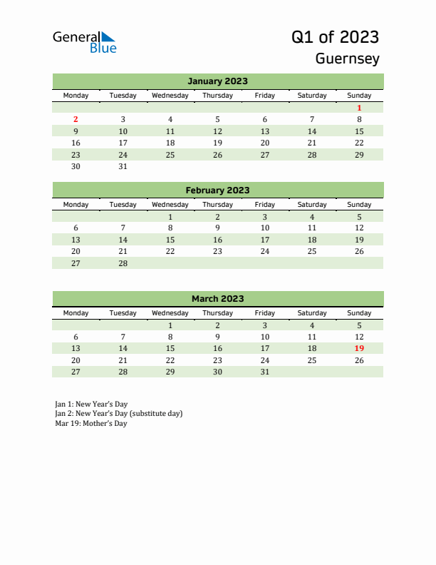 Quarterly Calendar 2023 with Guernsey Holidays