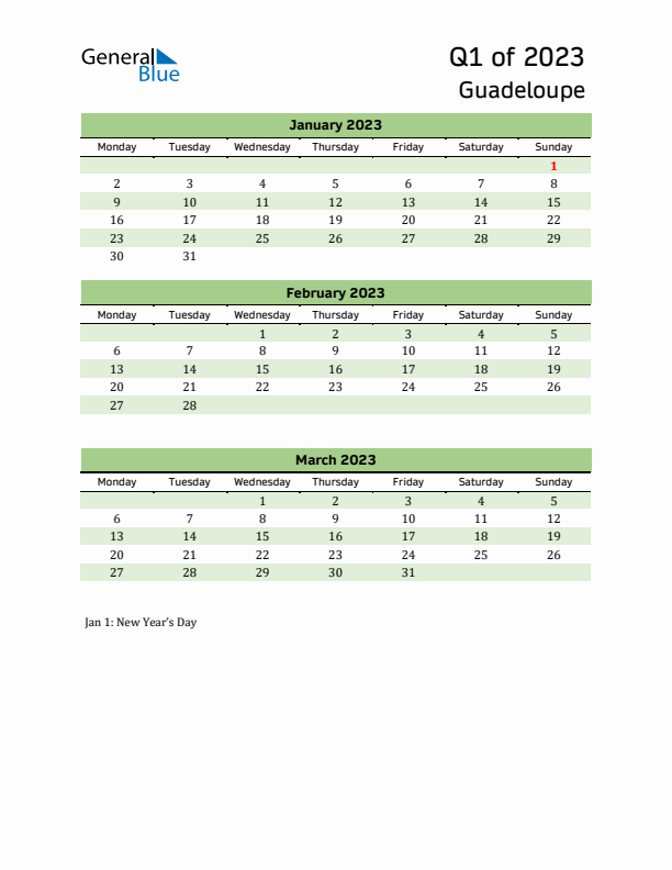 Quarterly Calendar 2023 with Guadeloupe Holidays