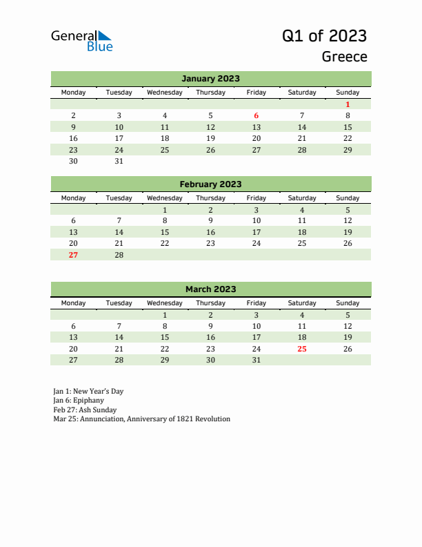 Quarterly Calendar 2023 with Greece Holidays