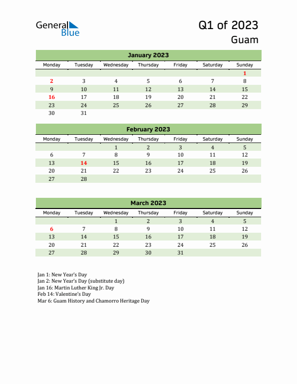 Quarterly Calendar 2023 with Guam Holidays