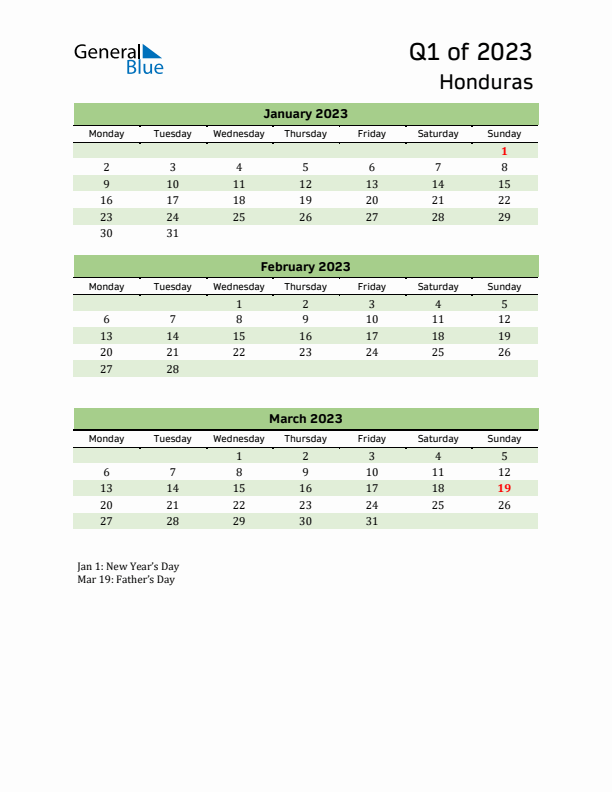 Quarterly Calendar 2023 with Honduras Holidays