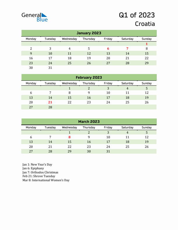 Quarterly Calendar 2023 with Croatia Holidays