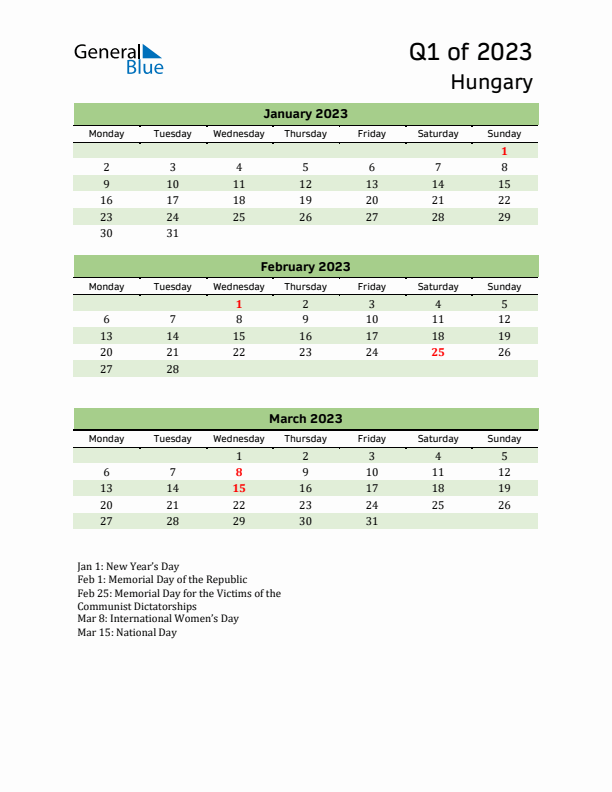 Quarterly Calendar 2023 with Hungary Holidays