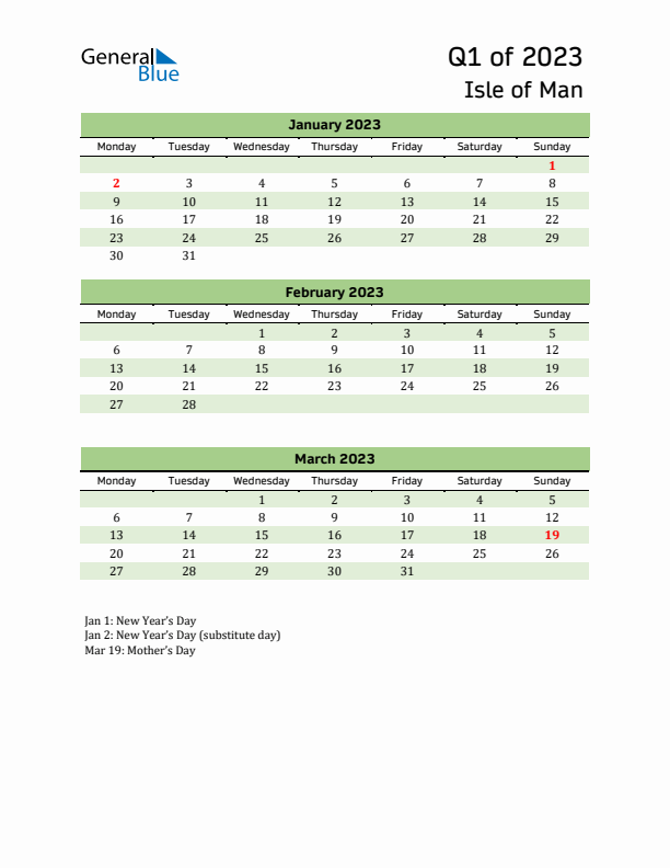 Quarterly Calendar 2023 with Isle of Man Holidays