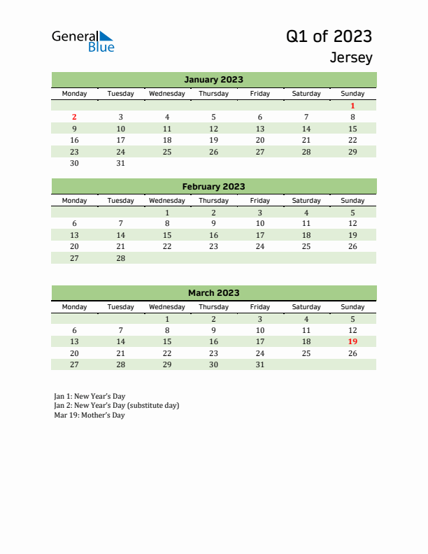 Quarterly Calendar 2023 with Jersey Holidays