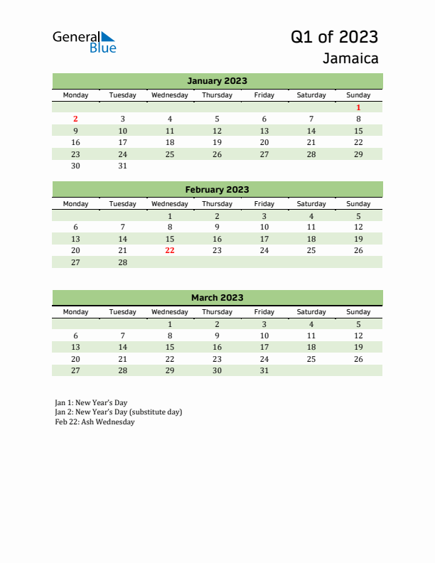 Quarterly Calendar 2023 with Jamaica Holidays