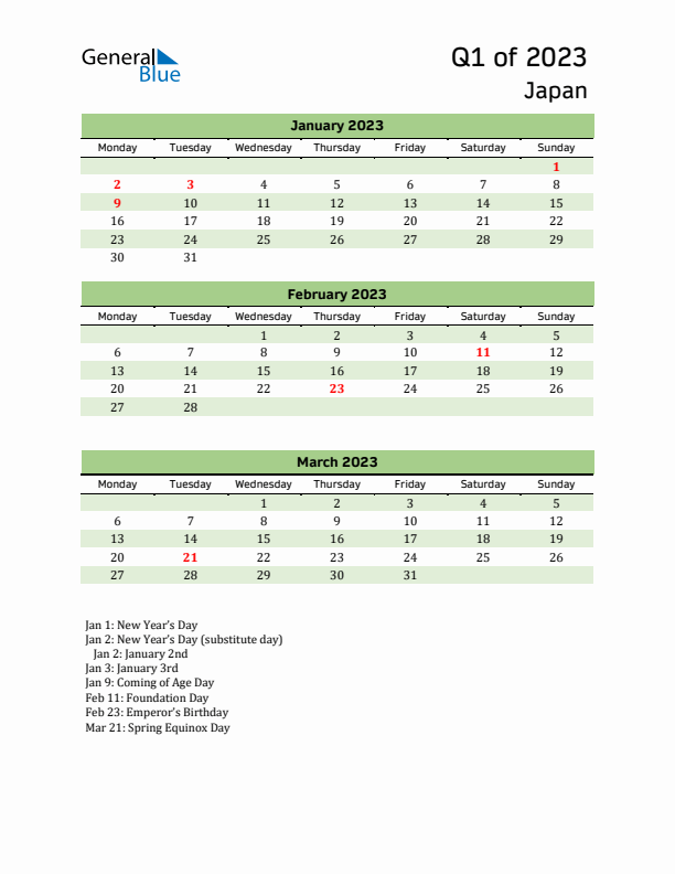 Quarterly Calendar 2023 with Japan Holidays