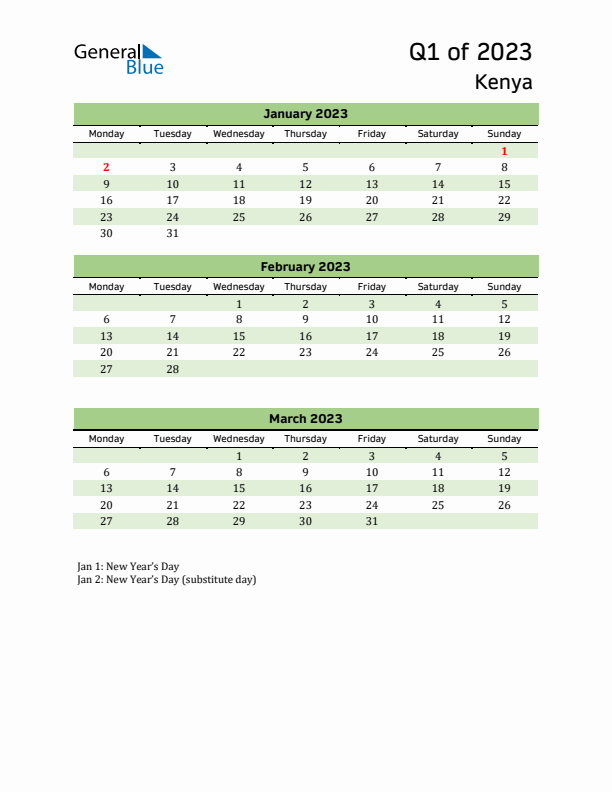 Quarterly Calendar 2023 with Kenya Holidays