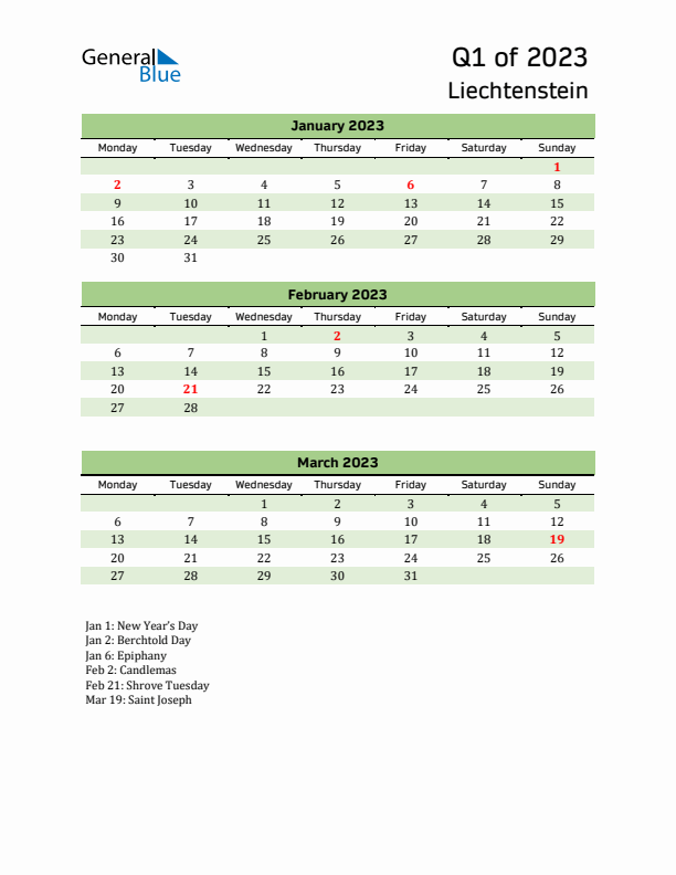 Quarterly Calendar 2023 with Liechtenstein Holidays