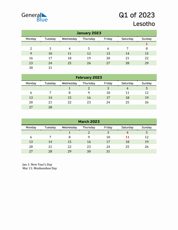 Quarterly Calendar 2023 with Lesotho Holidays