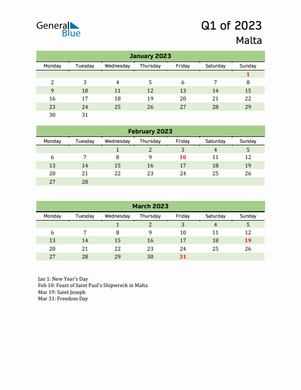 Quarterly Calendar 2023 with Malta Holidays