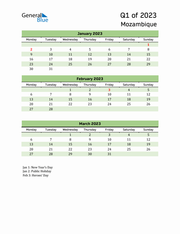 Quarterly Calendar 2023 with Mozambique Holidays