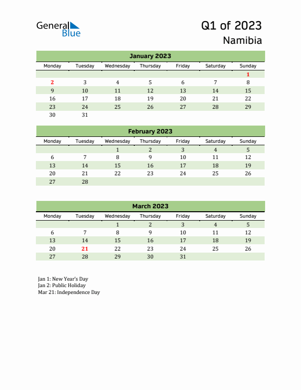 Quarterly Calendar 2023 with Namibia Holidays